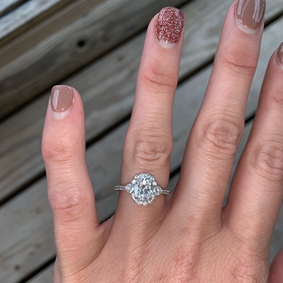 8x6mm 14k Oval F1 Moissanite/Diamond Halo Ring